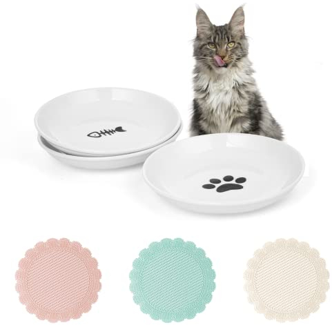 Dorakitten 3 Packs Ceramic Cat Bowls, Wide Shallow Cat Food Plates, Prevent Whisker Fatigue, Cat Wet Dry Food Plates with 3 Non-Slip Mats, Feeding Dishes for Cats, Kittens, Puppies, Dishwasher Safe