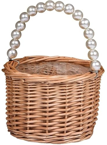 BETAULIFE Wicker Rattan Flower Girl Basket,Pearl Handle Flower Basket,Flower Girl Basket for Wedding and Home Decorations.