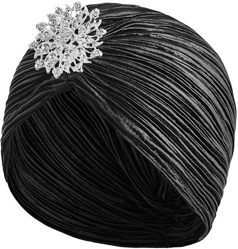 Balinco Turban Kostüm, Damen Kopfbedeckung mit Brosche, 1920er Accessoires Schwarz, Vintage Beanie, Retro Hut, Indisch, Orientalisch, Traditionell, Karneval, Fasching, Halloween