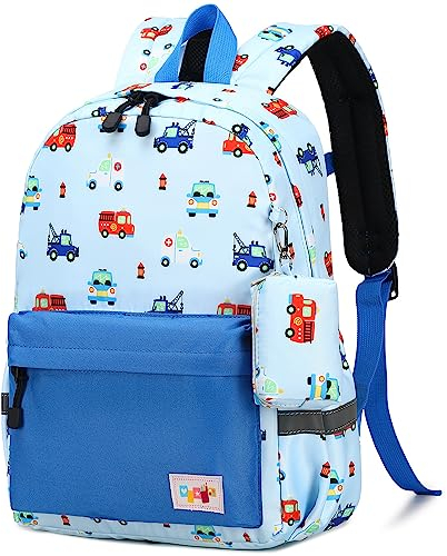 mygreen Kinderrucksack Jungen, Niedlich Wasserdicht Vorschule Kinder Rucksack Kindergarten Kleinkind Schulranzen mit Brustgurt Klein Adventure Feuerwehrfahrzeuge Hellblau