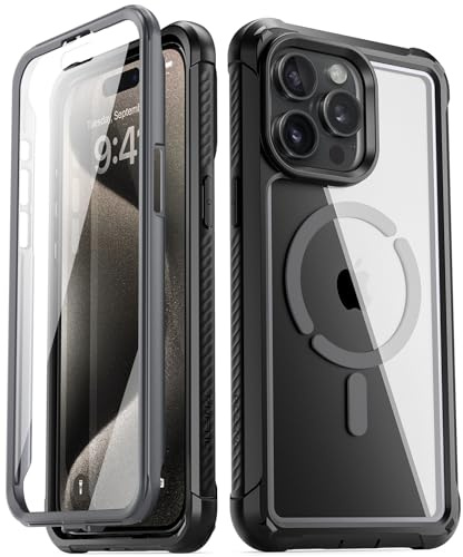 Poetic Guardian MagPro Case Compatible with iPhone 15 Pro Max 6.7 inch,[Compatible with MagSafe], Full-Body Hybrid Shockproof Protective Rugged Clear Cover with Built-in Screen Protector, Black/Clear