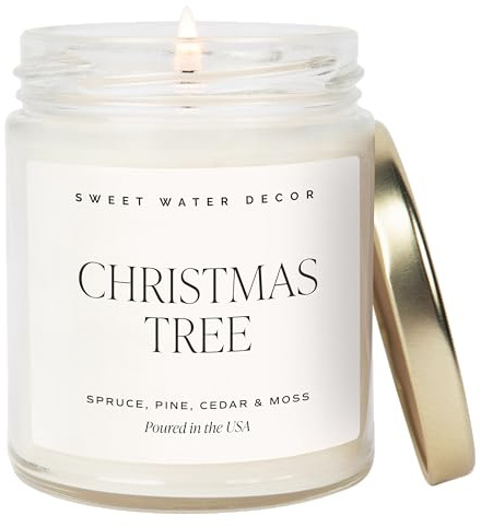 Sweet Water Decor Christmas Tree Candle - Pine Needles, Cedarwood, Cypress, and Evergreen Soy Holiday Scented Candles for Home - 9oz Clear Jar Candle, 40+ Hour Burn Time, Made in The USA