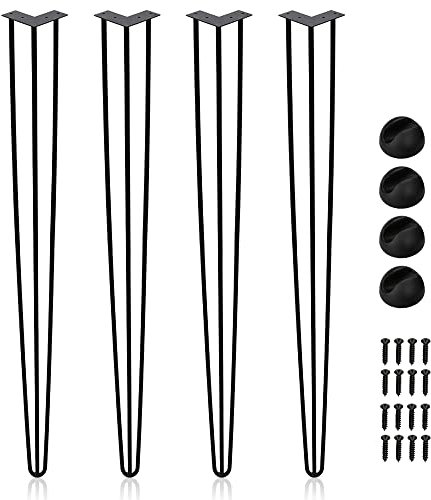 Ansobea Lot de 4 pieds de table en épingle à cheveux - En métal noir - Avec pieds à 3 barres - Pour bureau, table et table basse - Avec protection de sol et vis - 72 cm, FJTZF-100916