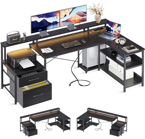 ODK Scrivania con Cassetti, Grande Scrivania Angolare Reversibile con 2 Porte di Ricarica USB e 2 Prese di Corrente, Scrivania Gaming con LED, Scrivania ad L per Casa Ufficio, Nero 172.5×100cm