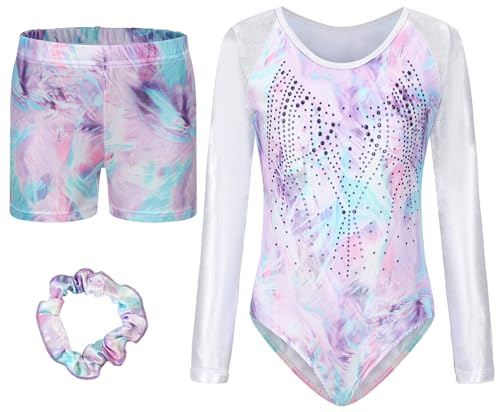 Happy Cherry Turnanzug Mädchen Langarm Turnshorts Haarband Set Gymnastikbody Trikotanzug Tanz Kleid Gymnastics Leotard Girls Tag 12 /DE Größe 134-140