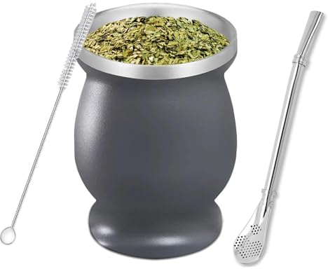 Yitobici Taza de mate, juego de tazas de té mate, con pajita y cepillo de limpieza, diseño con aislamiento de doble pared, para té mate (gris)