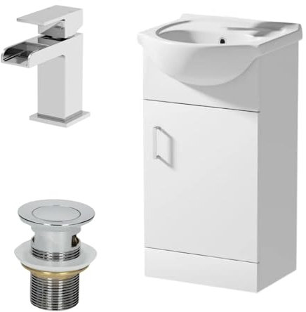Affine® 450mm Bathroom Vanity Unit Ceramic Sink Floorstanding Storage Cabinet Cupboard & Chrome Waterfall Basin Tap & Waste Set, White Gloss