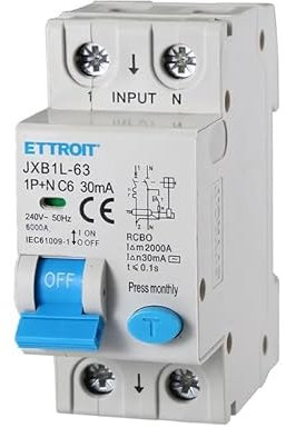 Interruttore Magnetotermico Differenziale 30mA, 1P+N Tipo AC Curva C 6KA 220V, Occupa 2 Moduli DIN, RCBO 1P+N 30mA C6 6A
