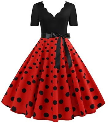EFOFEI Femme Robe à Pois à Manches Courtes Robe à Carreaux à Manches Courtes Robe Hepburn Vintage Rouge XXL