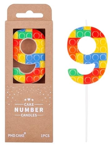 PHD CAKE Number 9 Building Block Birthday Cake Candle, Numeral Birthday Candles, Cake Topper Novelty Candle for Block Party