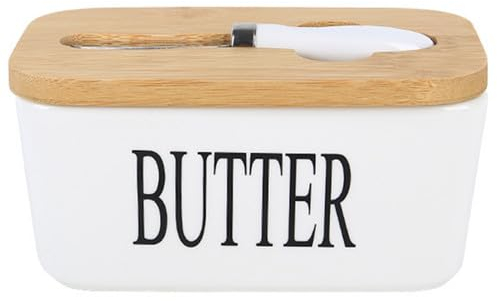 Beurrier en Céramique Avec Couvercle en Bois et Couteau en Acier Inoxydable, Grand Récipient à Beurre Multifonctionnel Avec Double Joints en Silicone Pour Beurre, Noix, Fromage (blanc)