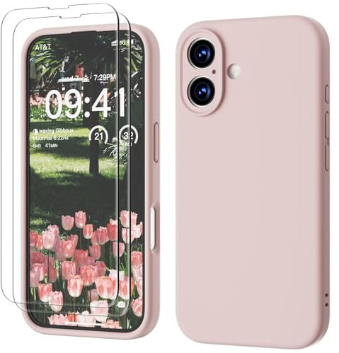 GOODVISH 3 IN 1 for iPhone 16 Case 6.1 inch, Upgraded Camera Protection, 2X HD Screen Protector, Liquid Silicone Anti-Scratch Shockproof Gel Rubber Anti-Fingerprint Phone Case Cover, Sand Pink