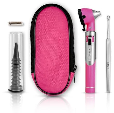 Mini Taschen Rosa Glasfaser Otoskop für erwachsene Kinder mit extra austauschbarem LED-Licht und Ohrenschmalz-Entfernungswerkzeug aus Edelstahl