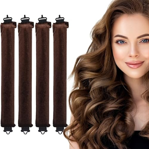 Toaren 4 Stück Hitzefreie Lockenwickler Braun,Lockenwickler Über Nacht mit Haken,Heatless Curls Set Lockenwickler,Weicher Samt,Overnight Blowout Locken Ohne Hitze für Langes,Mittellanges Haar,Kurzes