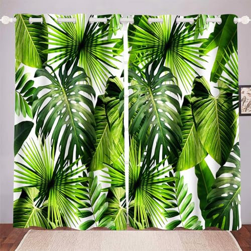 WEQEER Gardinen Blickdichter - Grüne Palmblätter, Tropische Blätter Vorhänge Grüne Palmblatt Pflanzen Gardinen Blickdichter Tropische Pflanze Muster Monstera Vorhänge (5,100×140BxH (50×140cm×2))