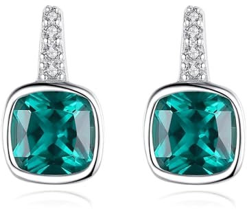 HeyMeili Pendientes Mujer de Plata de Ley 925 con Esmeralda y Diamante, Pendientes Botón de Plata de Ley 925 para Mujer