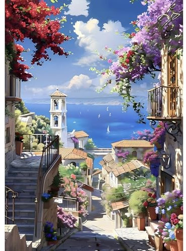 MEIYUDA Diamond Painting Erwachsene Diamant Bilder Straßenszenerie, 5D DIY Diamant Painting Bilder Diamond Painting Set Die Treppe zum Meer, Bastelset Erwachsene Kinder für Home Wand Décor 30x40cm