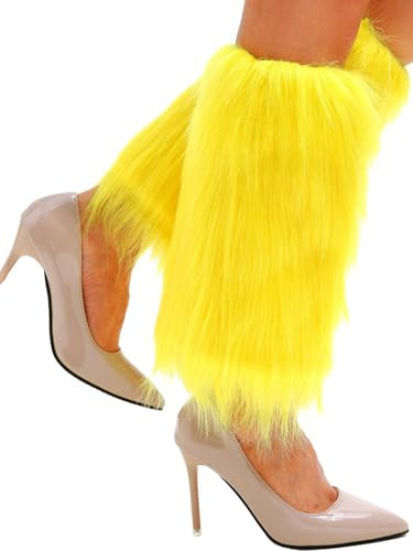 Lorealri Fuzzy Leg Warmer Winter Fluffy Leg Warmers Boot Covers Mardi Gras Y2k Cosplay New Year Rave Outfit for Women, Yellow, 11.8 in