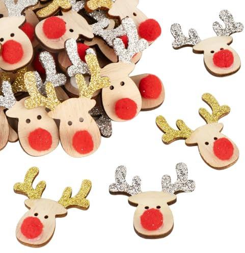 BOFUNX 24 Stücke Rentier Holzdeko Mini Weihnachten Streudeko Selbstklebend Elch Klein Holz Konfetti für Deko Tischdeko DIY Handwerk