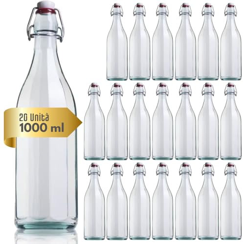 acquaverde | 20 Bottiglie in Vetro Costolata per Acqua, Bevande e Liquori, Design Vintage, Bottiglia Trasparente con Tappo Meccanico Ermetico Incluso - 1 Litro