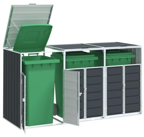 Poubelle à roulettes pour trois poubelles Anthracite 216 x 81 x 115 cm - En acier - Poubelle de jardin - Avec portes verrouillables - Couvercle à levage assisté - Facile à utiliser - Hygiénique pour