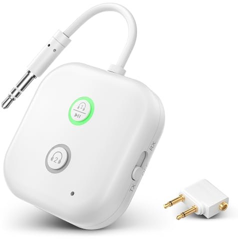 Bluetooth 5.3 Transmitter Receiver, 2-in-1 Airplane Wireless Bluetooth Compatible with 2 AirPods & Wireless Headphones, 3.5mm Aux Jacks Wireless Audio Transmitter for Planes, TV, Car, Tablet, Gym