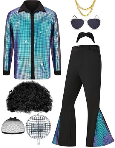 Ragelion Herren 70er Jahre Outfit Retro Disco Kostüm Set Männer Hippie Kostüm Hemd und Schlaghosen für Karneval oder Mottoparty