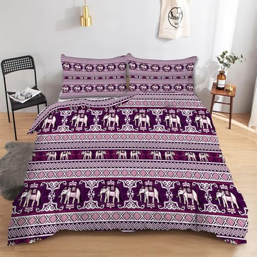 FamHarbor Indischer Elefant Muster Bettwäsche 155x220 cm mit 2 Kissenbezug 80x80 cm, Soft Mikrofaser Teenager Bettbezug mit Reißverschluss, Bohemian Stil Muster Bettwaren & Bettwäsche, A3076