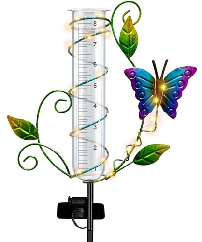 BUARO8AGA Schmetterlings-Regenmesser für den Außenbereich – kabelloser Solar-Regenmesser mit 20,3 cm Kapazität, Glas-Ersatzrohr, bestbewertet, Metall, dekorative Gartenstecker mit LED-Lichtern für Hof