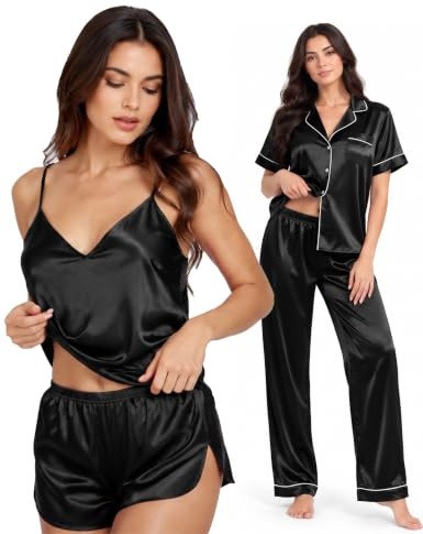 SWOMOG Pyjama Set for Women 4pc Silk Satin Pyjamas Sleepwear Set Bridesmaid Pj Set Soft Loungewear Pjs Black