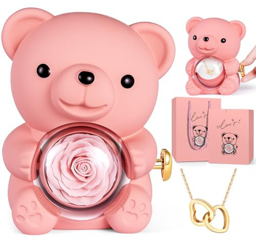 goldmiky Orsetto con Rosa, Orso con Rosa Eterna Confezione Regalo, Regalo Festa della Mamma, Regali per Lei Fidanzata,Regalo Anniversario per Lei(Rosa)