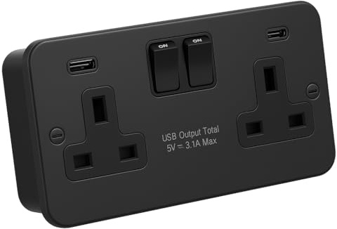 SH|P® 2 Gang Switched Socket with USB A+C (15W Fast Charge) – Matt Black Metal Clad | Durable, Industrial Finish | Ideal for Home, Garage, Workshop & Commercial Use