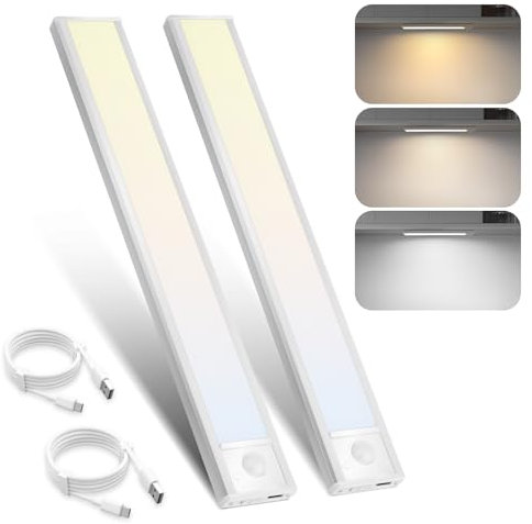 Homefire Unterbauleuchte Küche LED Schrankbeleuchtung - 20CM 2 Stück Unterschrank Beleuchtung mit Bewegungssensor USB Wiederaufladbar Schranklicht Dimmbar 3 Farbtemperatur für Küchenschrank Treppe