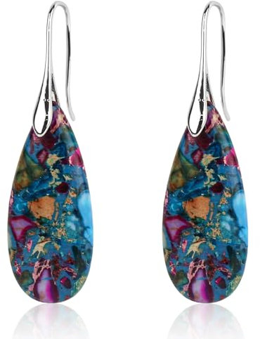 2 Stück Heilstein Ohrringe, Fischohrringe Ohrhänger mit Tropfenstein-Anhänger Trendiger Statement-Schmuck für Frauen (Blau Farbe Silber)