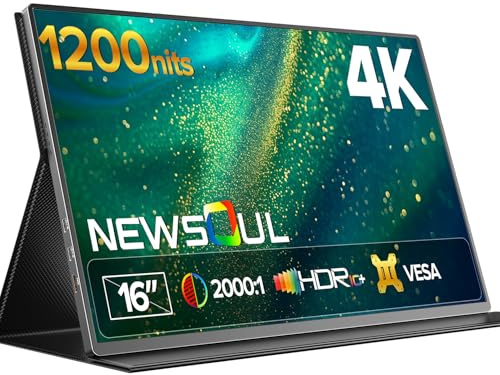Newsoul Tragbarer 4K-Monitor, 3840 x 2400 UHD, 40,6 cm (16 Zoll), Gaming-Monitor, 1200 Nits, 1500:1, 100 % sRGB IPS FreeSync, Laptop-Monitor mit VESA und Abdeckung, integriertes USB-C-HDMI-Bildschirm