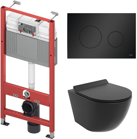 BADLAND WC-Vorwandelement Set TECEbase mit Wand-WC Rolo Schwarz, Schallschutzmatte & Betätigungsplatte Schwarz – Komplettset für Trockenbau & Vorwandinstallation