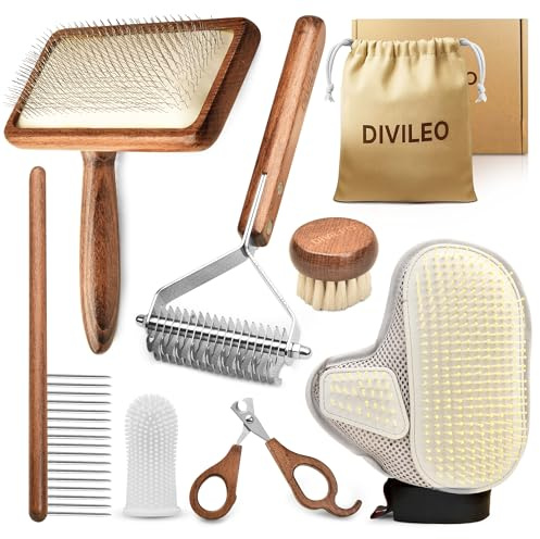 DIVILEO Premium Wasserdichtes Fellpflegeset aus Holz - Professionelles Enthaaren, Entfilzen & Nageltrimmen Set für Hunde, Katzen & kleine Haustiere - 10-teilige Geschenkbox mit Canvas-Tasche