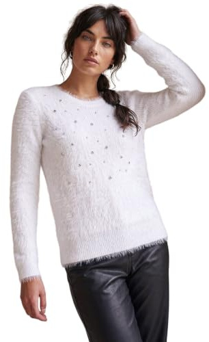 Roman Originals Embellished Fluffy Knit Jumper for Women UK - Ladies Everyday Autumn Winter Round Neckline Comfy Soft Evening Vacation Work Party Night Out - Sparkly Ivory - Size 20