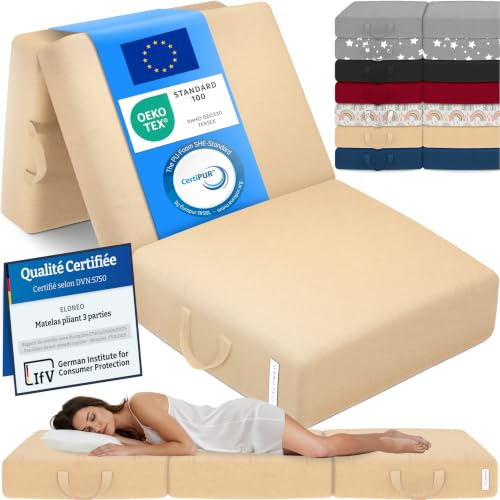 ELONEO Klappmatratze, Gästematratze, 3-teilige Faltmatratze, Schaumstoff extra dick (15cm), waschbar, Bandscheibenwürfel, klappbar, Faltbare Matratze, Erwachsene (Creme, 75 x 195 x 15 cm)