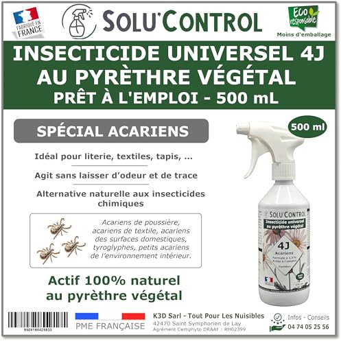 Solu’Control Insecticide Universel 4J au Pyrèthre Végétal – Prêt à l’Emploi 500 mL – Spécial Acariens – Literie, Textiles, Tapis – Sans PBO – Fabriqué en France