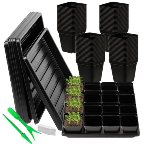 Macetas de Plástico Negro, 80 6.5cm Semilleros de Germinacion, Bandeja Semillero Kit Cuadrado, con 5 Piezas Bandeja a Prueba de Fugas, para Interior/Exterior Jardín Plantas Plántulas y Semillas