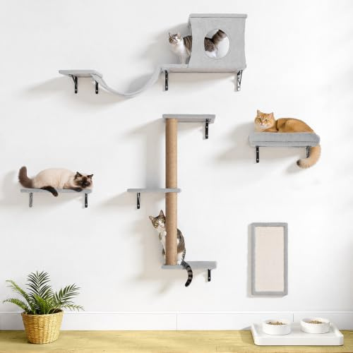 PawGiant Estantes 5 en 1 para Gatos, Juego de Muebles de Pared de Madera | Escalador de Gatitos con Poste Rascador de Árbol, Rascador, Puente Colgante y Descanso, Hasta 18 kg, Gris Claro