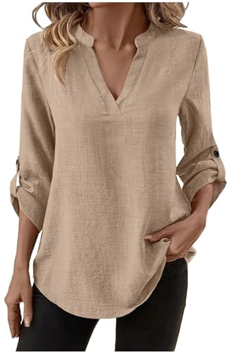 Aopir Linen Shirts for Women UK 3/4 Sleeve V-Neck Tunic Office Blouse Cotton Business Casual Tops Spring Summer 2026