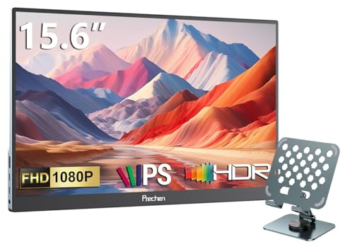 Prechen Monitor Portatile, 15,6 Pollici Display Screen 1080P con Supporto | Secondo Schermo Esterno Altoparlante Integrato con HDMI USB C per Laptop, Desktop, MacBook, Smartphone, Tablet, PS5/4, Xbox
