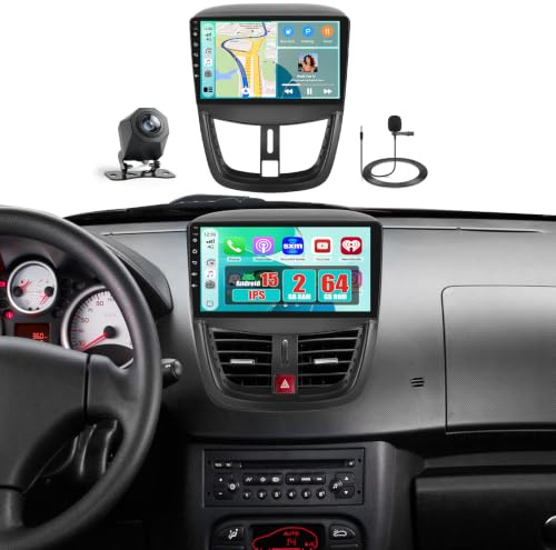 4+64G Autoradio für Peugeot 207 2006-2015 mit Wireless Carplay Android Auto | 9 IPS Android 15 2+64G Radio mit FM RDS EQ Bluetooth Navi GPS Videoausgang Split-Screen SWC USB WIFI Kamera Mikrofon