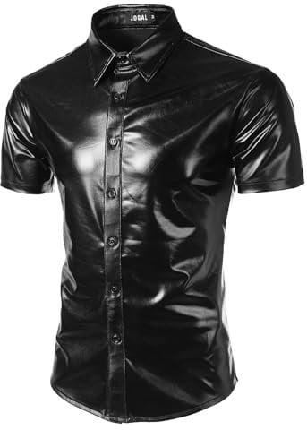 JOGAL Mens Metallic Shiny Nightclub Styles Short Sleeves Button Down Dress Shirts Medium A316 Black