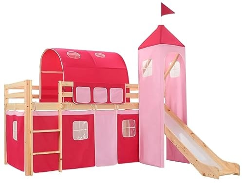 vidaXL Pin Lit Mezzanine d'enfants avec Toboggan et Echelle avec Sommier à Lattes Lit pour Tout Petits Fille Chambre à Coucher Maison Intérieur Rose