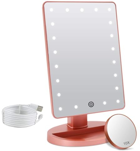 FASCINATE Makeup Vanity Mirror with Lights and Detachable 10X Magnification, 21 Led Lights Adjustable Dimming Touch Sensor, Dual Power Supply, 180° Rotation, Portable Cosmetic Mirror