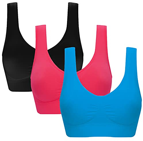 Jamron Mujer 3 Piezas Bralettes Cómodos sin Aros sin Costuras Sujetador Deportivo con Almohadillas Extraíbles para Yoga Negro + Fucsia + Azul 6XL