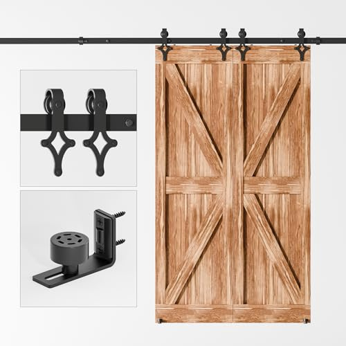 WOLFBIRD 244cm (8FT) Schiebetürbeschlag Hardware Kit für Doppeltür Schiebetürsystem mit Einstellbare Bodenführung, Rhombus Form Roller Hanger Set, schwarz